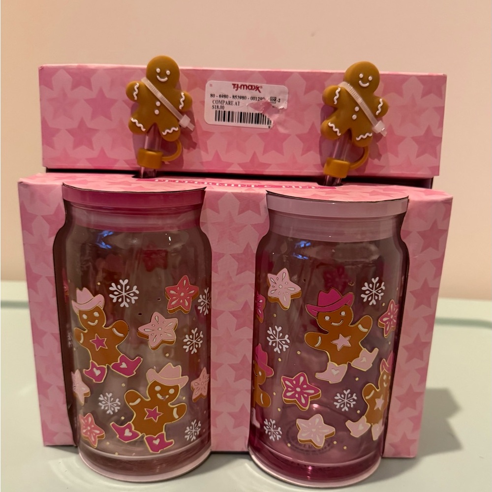 Pretty Pink Cowgirl Gingerbread Glass Tumblers- Set of 2- NWT